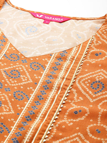 Rust Bandhani Printed Embellished With Gota A-Line Kurta Paired With Tonal Solid Bottom And Tonal Chiffon Dupatta
